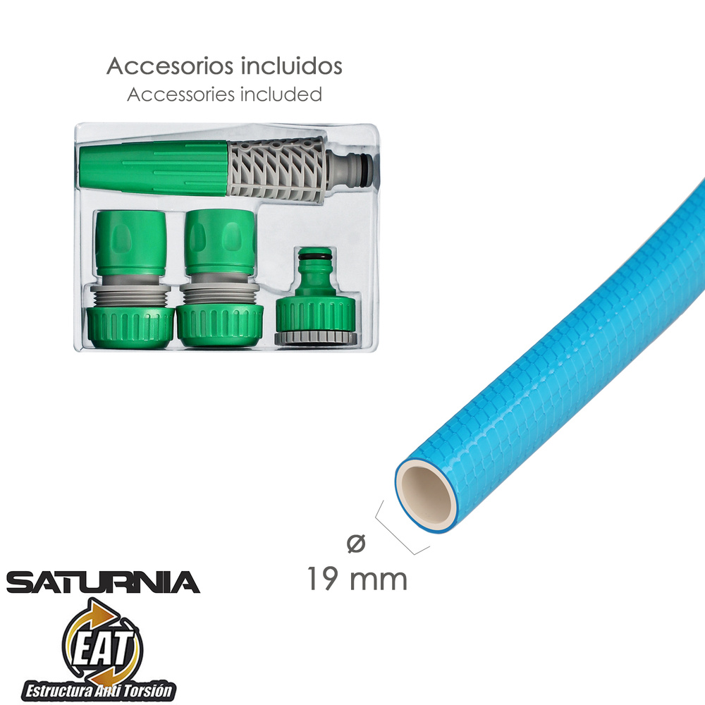 Manguera Tricotada No Torsion Blue Ø 19 mm. Rollo 15 metros Con Accesorios