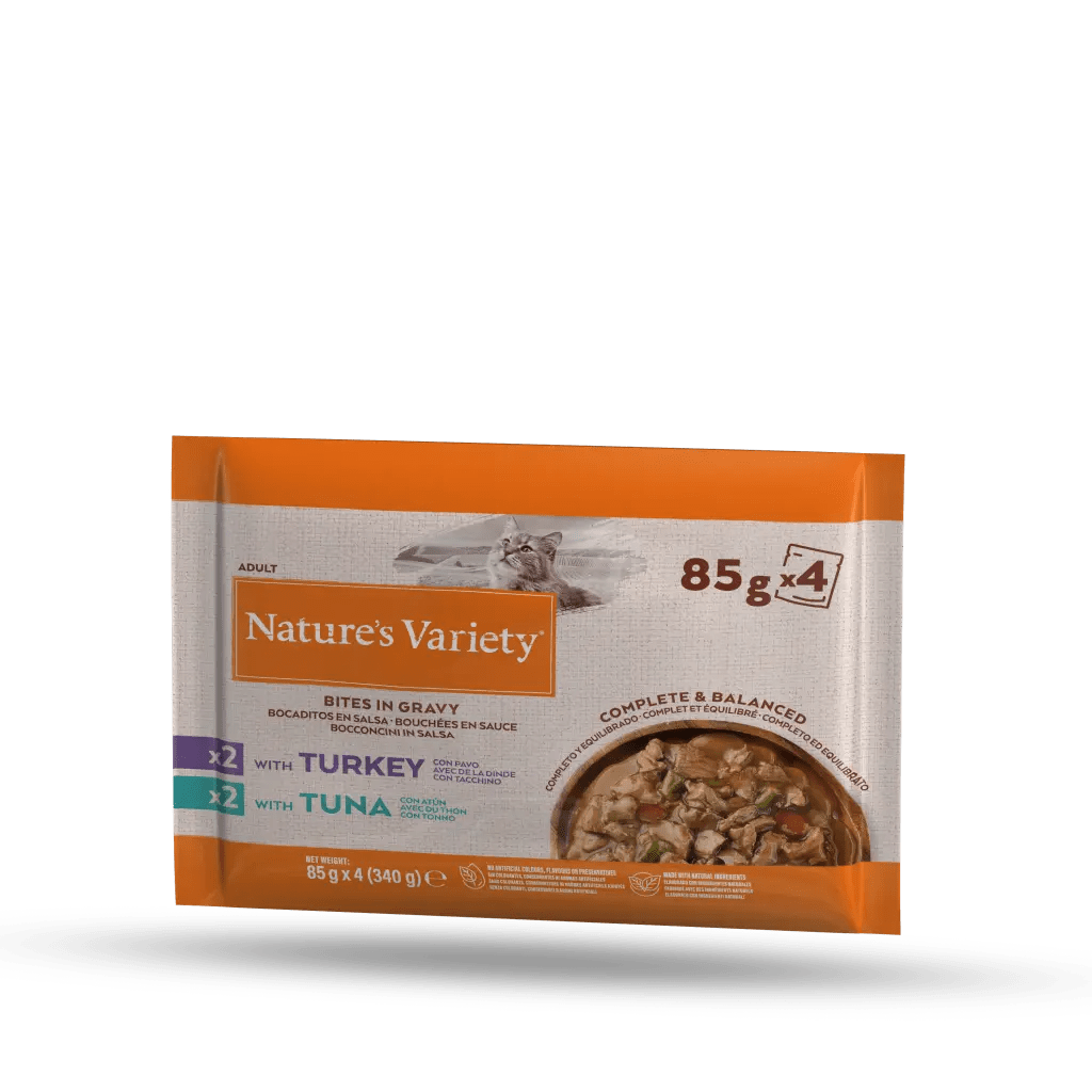 Comida Humeda Nature's Variety Bocaditos en Salsa de Pavo y Atún para Gatos 4x85gr